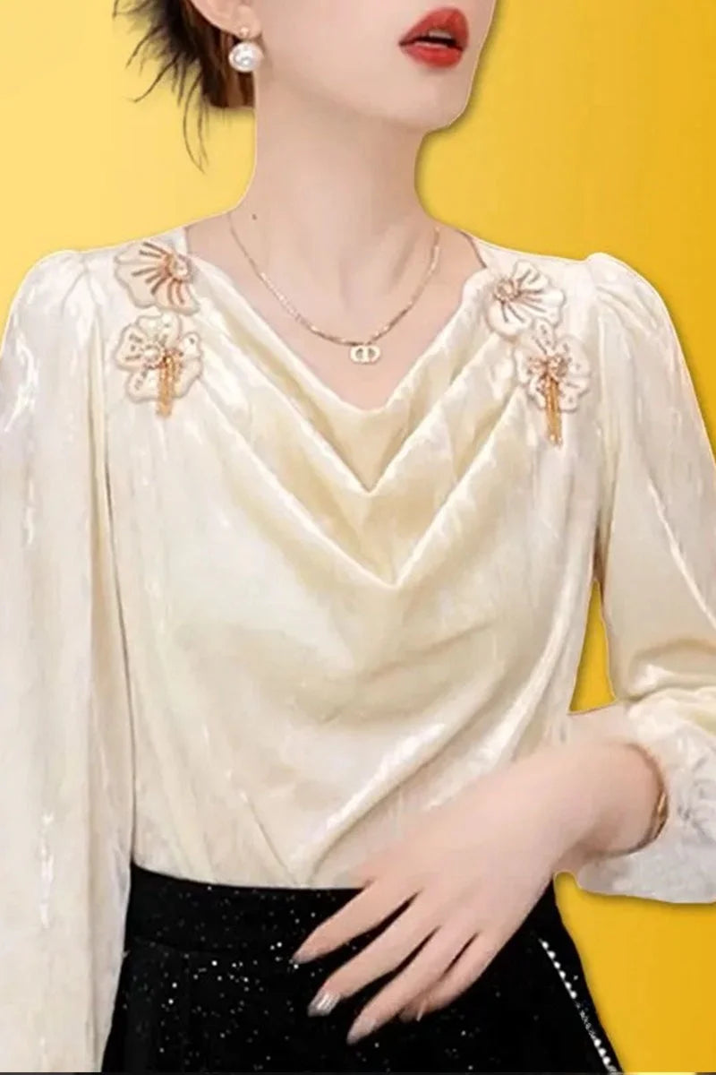 Faionable Floral Patchwork Long Sve irt Women's Winter Luxury Sle Ele Top French Sle Loose Fit Polyester Fiber
