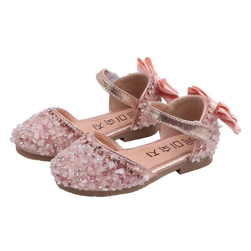 2023 Crystal Bow Single Shoes Summer Girls Fashion Princess Soft Shoes Children Pu Leather Flat Baby Rhinestone Sandals A986