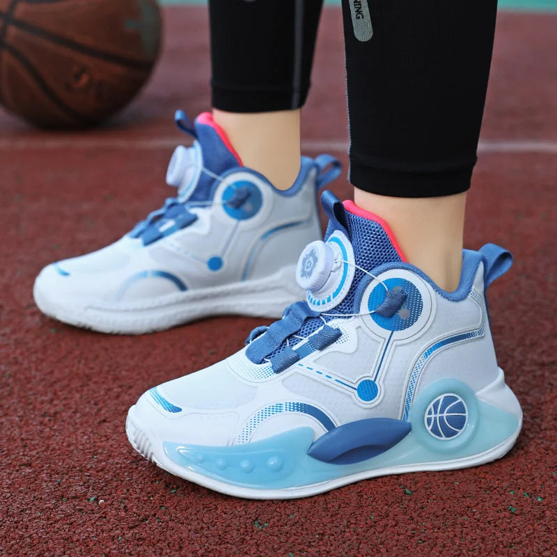 Children Basketball Shoes Boys Sports Comfortable Non Slip Flat Fitness Shoes  New Rotating Button Sports Sneakers for Kids