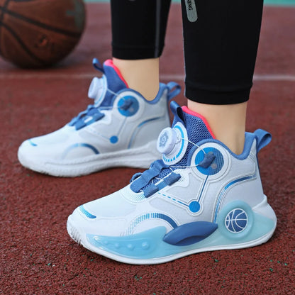 Children Basketball Shoes Boys Sports Comfortable Non Slip Flat Fitness Shoes  New Rotating Button Sports Sneakers for Kids
