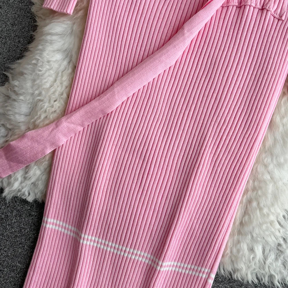 Women Dress 2025 Autumn Winter Elegant Rib Knit Long Pencil Dress with Belt Office Lady Bodycon Sweater Dress Vestidos