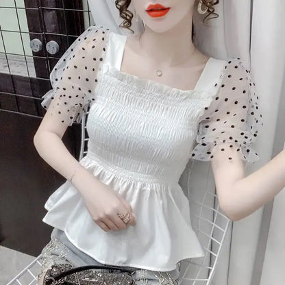 Summer patchwork mesh polka dot short sleeve chiffon blouse women's new stylish bubble sleeve top
