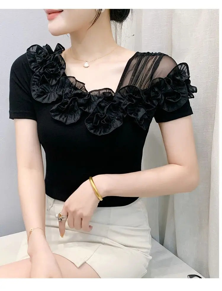 Faionable Floral Lace Ear ort Sve Slimming Me oulder Bared T-Shirt Women's Casual Sle Polyester Fabric Tee irt