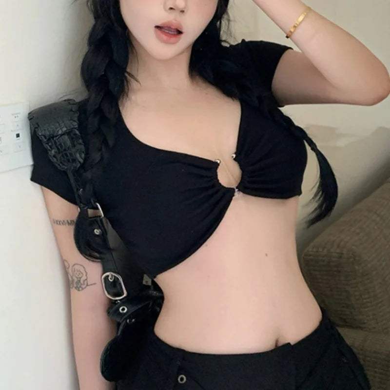 Xingqing Summer Crop Tops y2k Women Sexy Clothes Solid Color Metal Ring Short Sleeve Padded T Shirts 2000s Clothing Streetwear