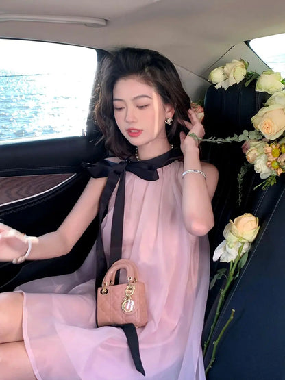 Women's Pink Halter Neck Maxi Dress With Black Bow Detail Sheer Chiffon Flowy Resort Party Dress