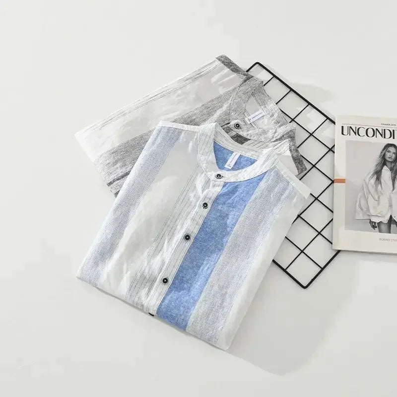 Fashion Stand Collar Printed Spliced Striped Shirts Men's Clothing 2025 Summer New Loose Short Sleeve Casual Tops Vintage Shirts(Available)