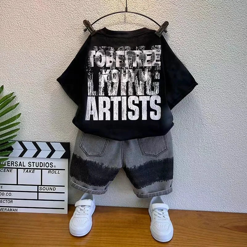 Baby Boys Summer Clothes Fashion Letter Short Sleeve T-Shirt Jeans Pants 2pcs Korean Kids Sport Set Kids Outfits (Available)