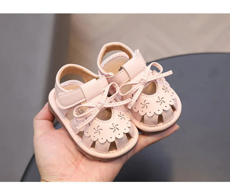 Baby Girl Sandals Summer Infant Shoes Outwear First Walkers Cute Sweet Close-toed Sandals For Girl Pink, Beige