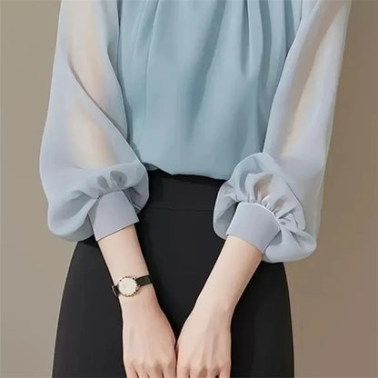 Autumn Winter Ladies Solid Color Blouse Jacket 2025 Female Long Sleeves Tops Coat Korean Women Fashion Round Neck Chiffon Shirt