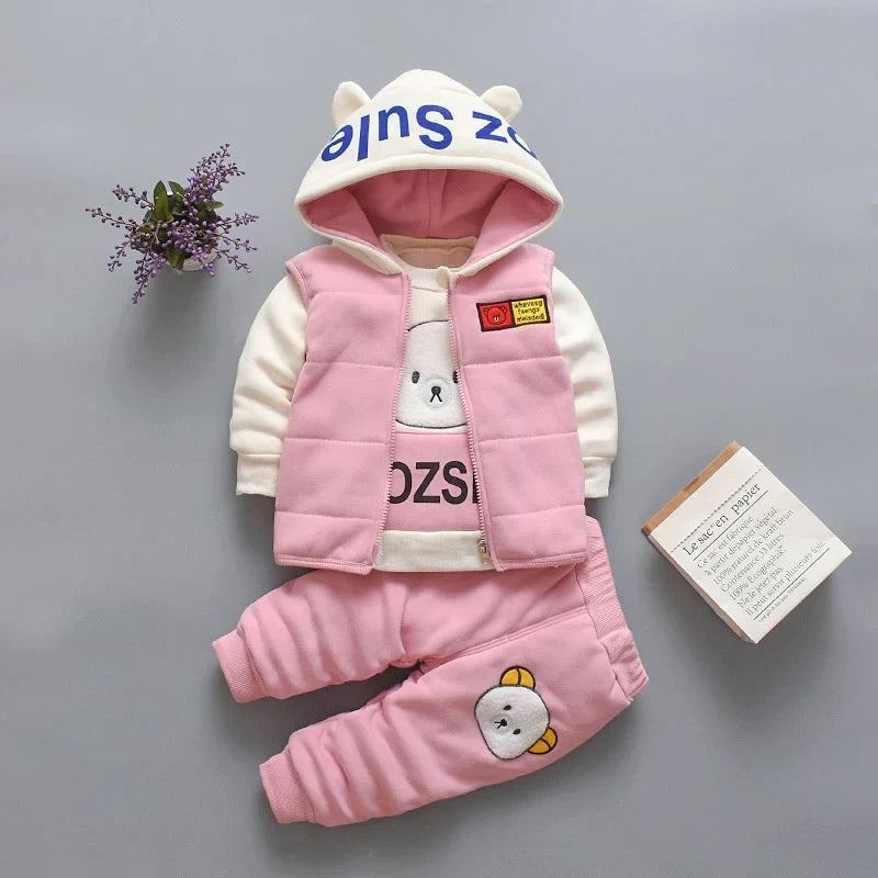 Baby Hooded Tracksuit Set with hooded vest, long sleeve T-shirt, and pants for baby boys and girls