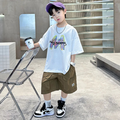 Boys Summer Clothing Sets Big Children Short-sleeved Top+Shorts Suits 2025 New Teenager T-shirt Loose Sports 2Pcs Outfits 4-14Y