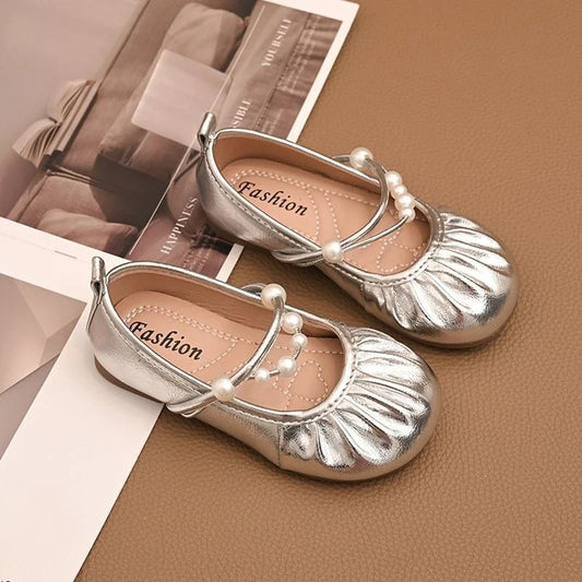 Fashion Girls Soft Sole Princess Leather Shoes Spring Autumn New Style Pearl Embellished Kids Loafers