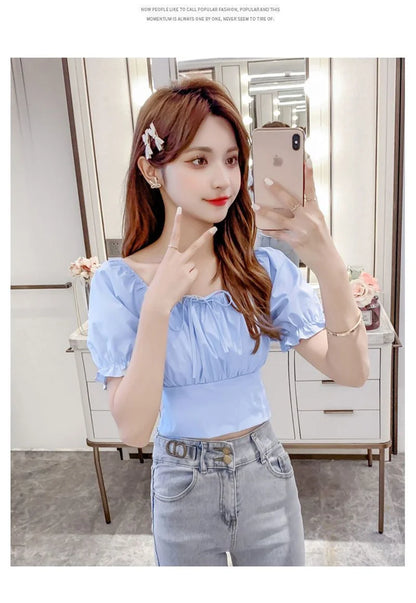 Summer New Fashion Temperament Women Bubble Sleeve Square Collar Shirt Design Sense Of Small Sweet Halter Short Sleeve Top