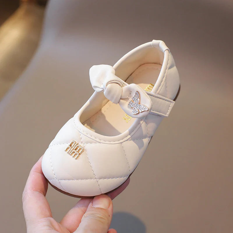 Girls Leather Shoes 1-6 Years Old Beige Rhinestone Bow Performance Princess Shoes Khaki Soft Bottom with Children's Single Shoes