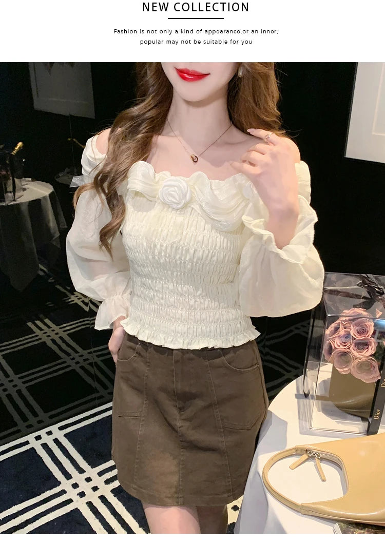 Sweet oulder One-oulder 3D Flower Bell Sve Women's irt Spring New Sle Waist Cinching Beautiful Top Ci Walk ort...