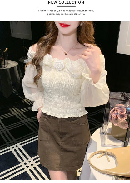 Sweet oulder One-oulder 3D Flower Bell Sve Women's irt Spring New Sle Waist Cinching Beautiful Top Ci Walk ort...