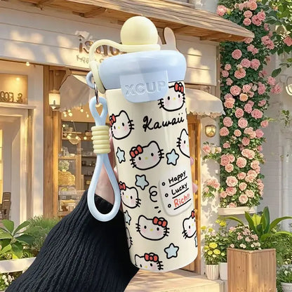 600ml Sanrio Hello Kitty Vacuum Thermos Cup SS316 Insulated Coffee Mug with Lifting Rope Portable Outdoor Drinking Water Kettle