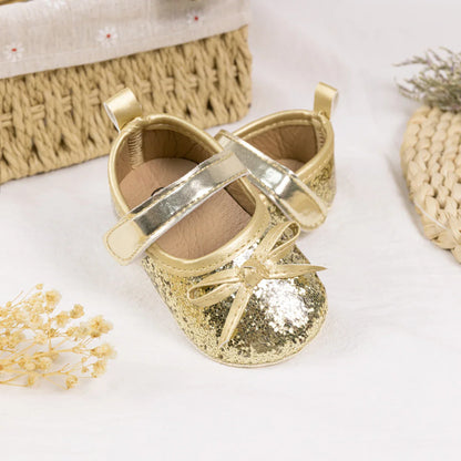 Gold Tie Cute Bow Flower Baby Princess Shoes Wedding Birthday Party Non-Slip Soft Sole Baby Toddler Shoes