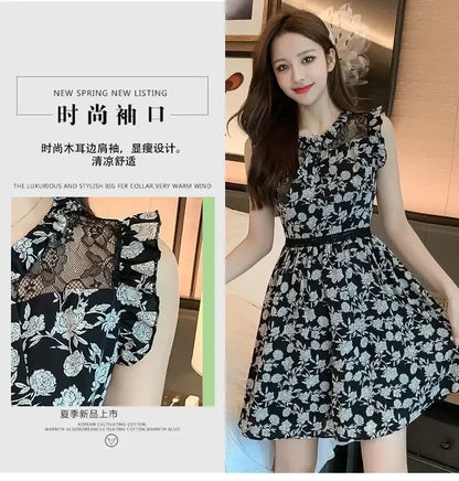 Neck Gauze Mesh Slim Sleeveless Floral Dress Women's New Style Spliced round