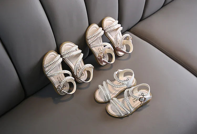 Summer Children's Sandals Korean Style Open-toe Kids Girls Causal Rhinestone Pearl Flats Sandals Fashion Princess Dress Shoes