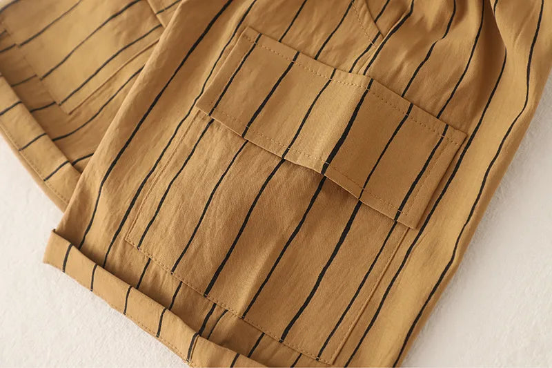 New Fashion Soft and Comfortable Children's Coffee Vertical Stripe Shirt Shorts Three-piece Set Kids Clothes Boys