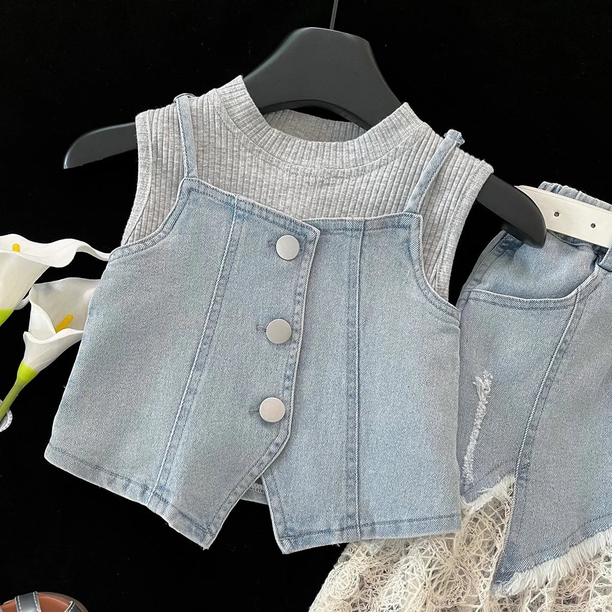 Girls Baby Summer Clothing Set Denim 4pcs Suits Top Vests+Tees+lace Skirts+Belt,fashion Kids Children Birthday Casual Clothes