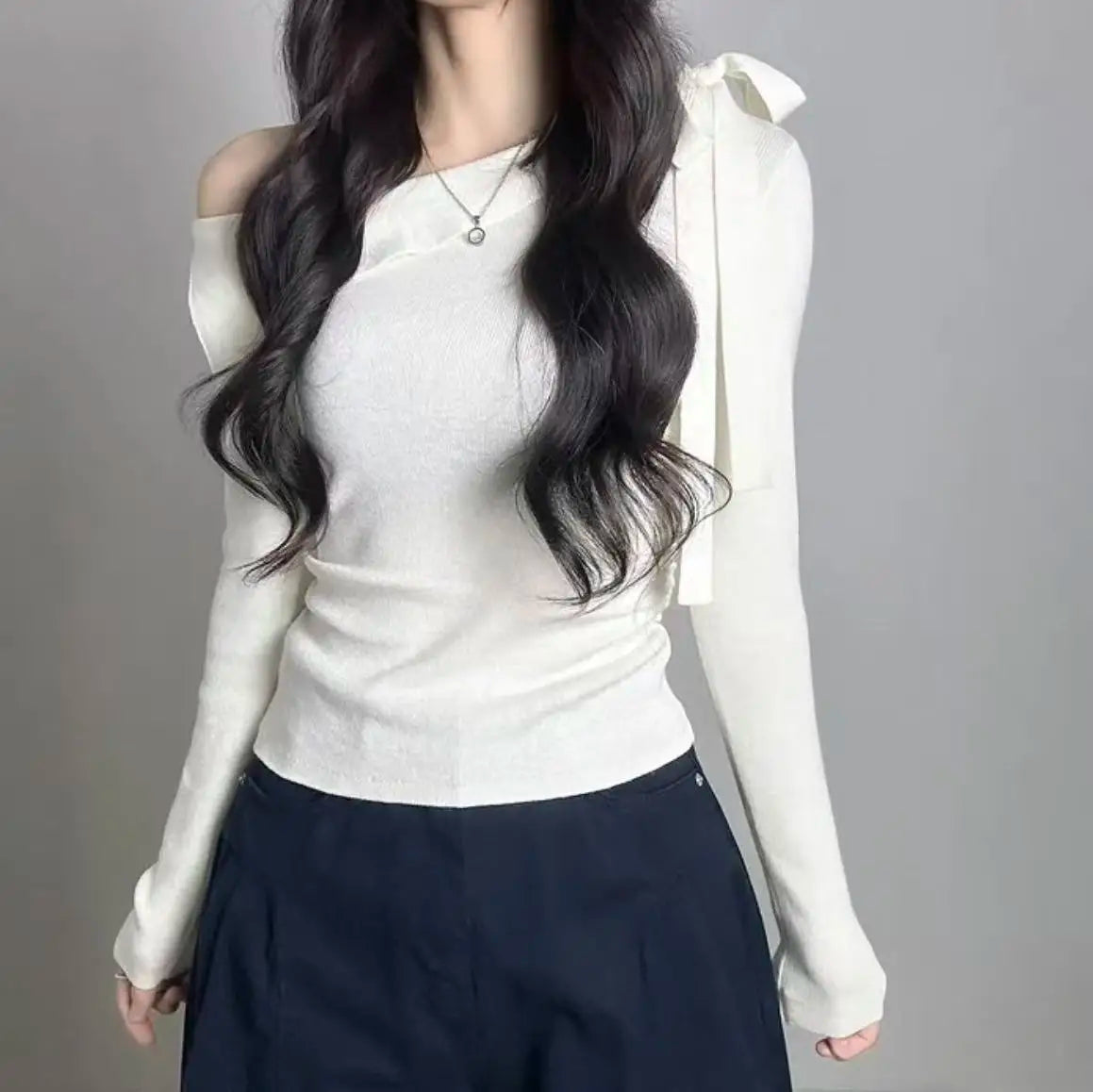 Women's Knitted Sweater Chic oulder Bow Design Long Sve Sweet Inner Wear Base irt Korean Sle Faionable Top