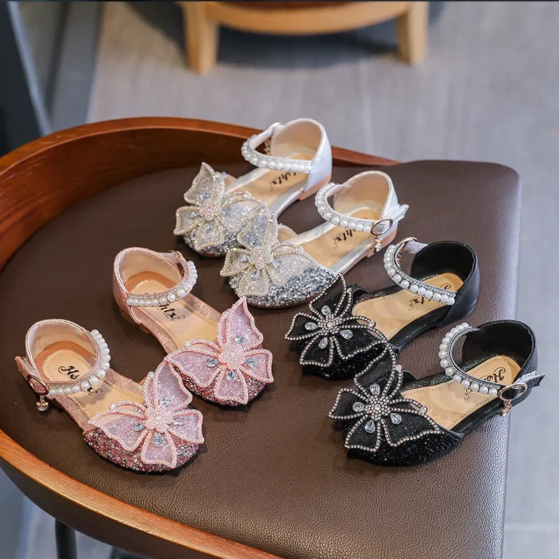 Large Crystal Bow Tie Kids Shoes for Girl Princess Beading Mary Jane Shoes Bling Prom Children  Girls Designer Shoes