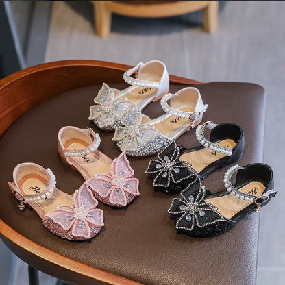 Large Crystal Bow Tie Kids Shoes for Girl Princess Beading Mary Jane Shoes Bling Prom Children  Girls Designer Shoes