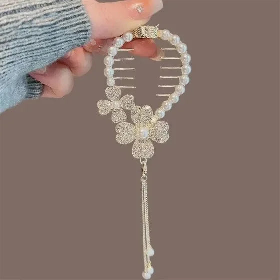 Ladies Butterfly Rhinestone Pearl Metal Hair Claw Round Bun Ponytail Holder (Available)