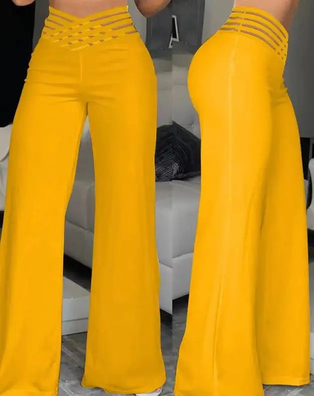 Women Wide Leg Flared Pants  Spring Casual Crisscross Sheer Mesh Patch High Waist Trousers Y2k Streetwear Elegant Work Pant (Available)