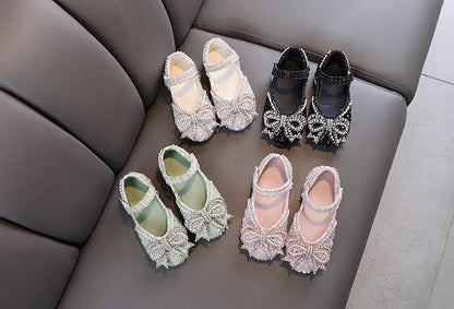 Girls Shoes Bling Single Shoes for Stage Performance Mary Janes Bow Crystal Glitter Wedding Flats Dance Party Leather Shoes New