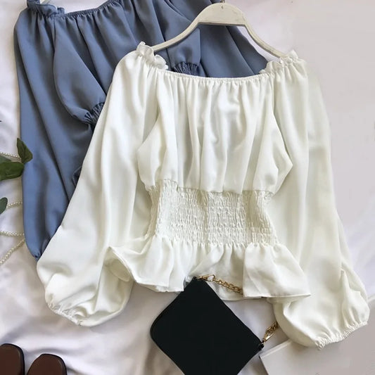 Spring Fall Korean Long Sleeve Chiffon Women Blouse Shirt Slim Sexy Slash Neck Ladies Shirts Womens Tops And Blouses JW9023