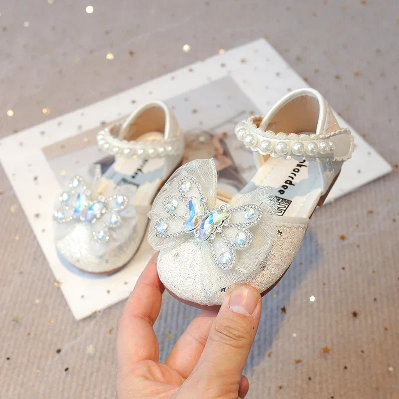 Baby Girls Leather Shoes  Spring Summer Children Casual Half Sandals Sequins with Crystal Butterfly Fashion Princess Sweet