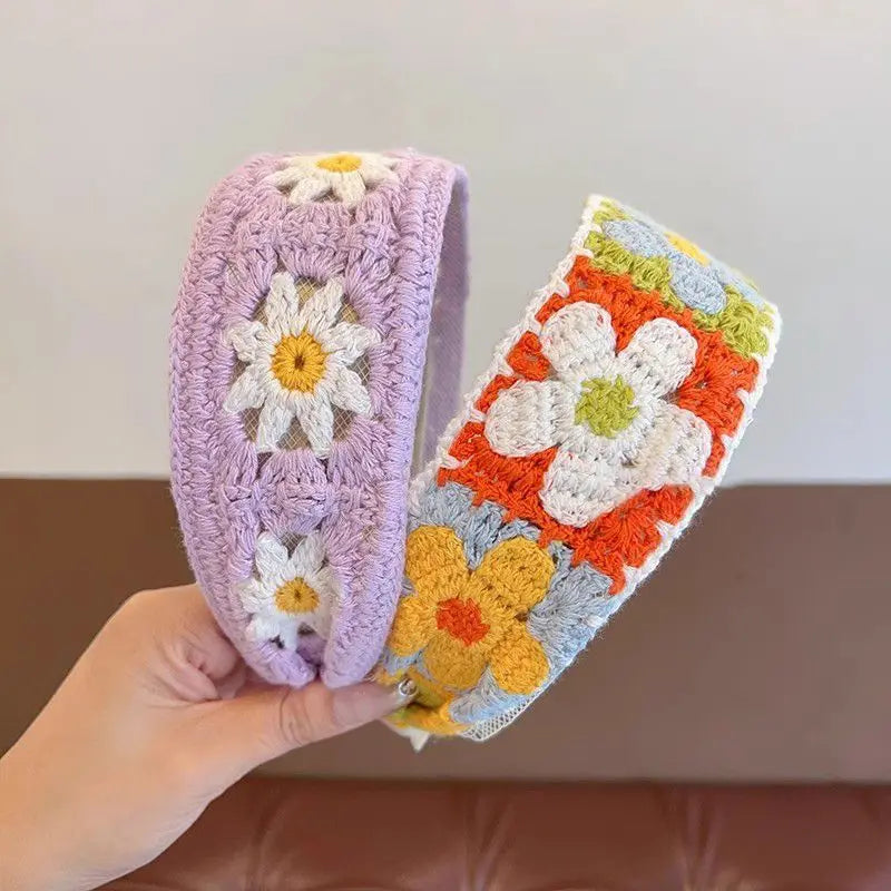 Sweet Embroidery Flower Kids Hair Hoops Colorful Knit Woolen Autumn Winter Wide Hairband for Girl Headwear