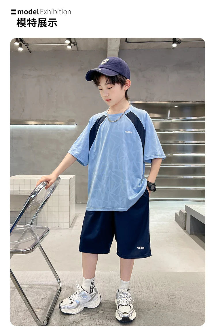 Boys Clothes Sets Summer Kids Sport Short Sleeve T-shirt + Shorts 2 Pieces Suit Teenage Child Outfits For 5 6 8 10 12 14 Years