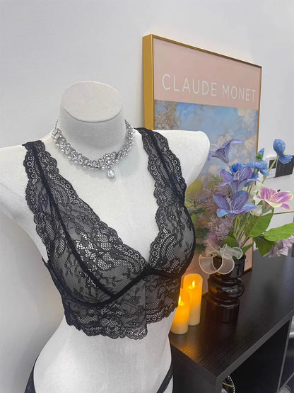 French Lace Lingerie Gathered No Steel Ring Bra Deep V Neck Sexy Wire Free Bras Underwear Tank Tops Padded Camisole Vest