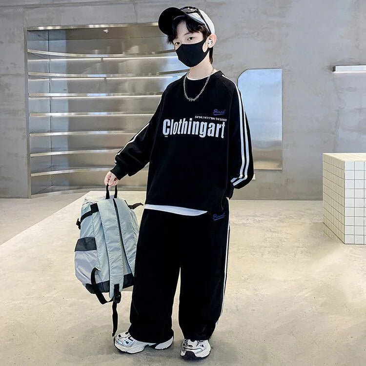 Teenager boys Suit autumn winter Cloth letter striped sweatshirt hooded + wide leg Pants tracksuit 5 8 10 12 Year Child set