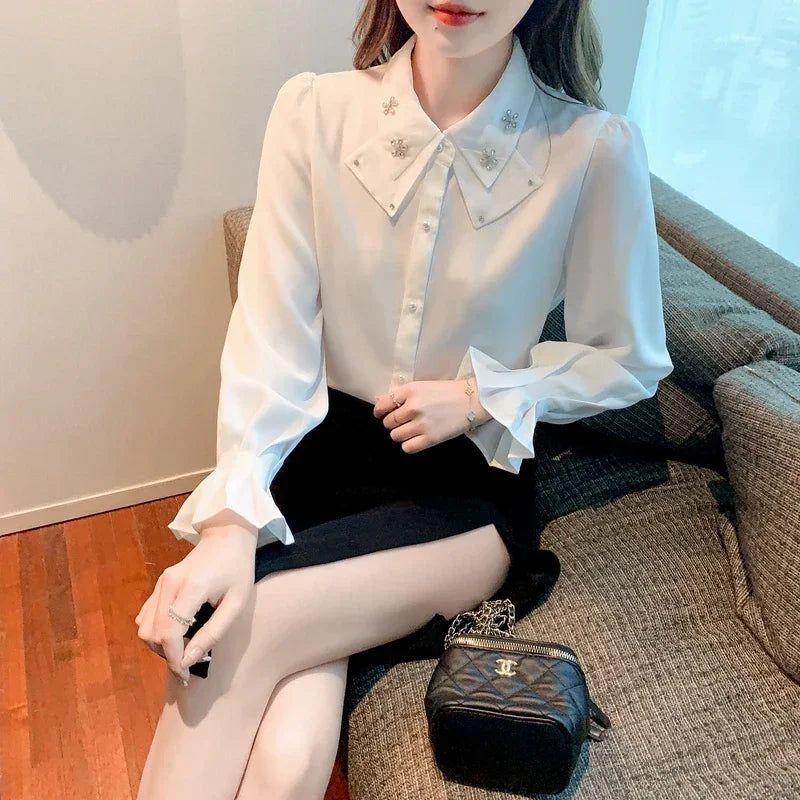 Elegant Long Sleeve Chiffon Shirts Women Autumn Winter Fashion White Blusa Feminina Korean Style Office Ladies Tops Blouses
