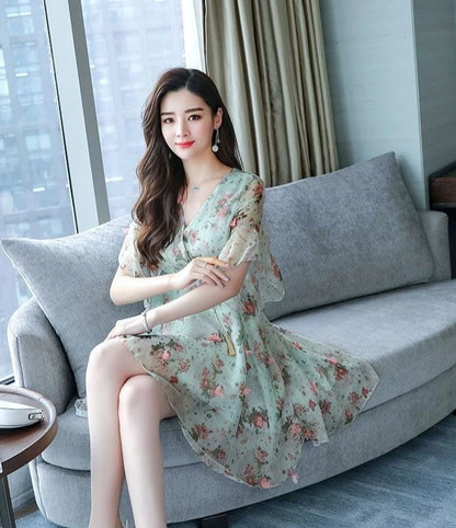 Chiffon Floral V-neck Ruffle Woman Dress Promotion Elegant and Pretty Korean Style Fashion Summer 2025 Chic Dresses for Women