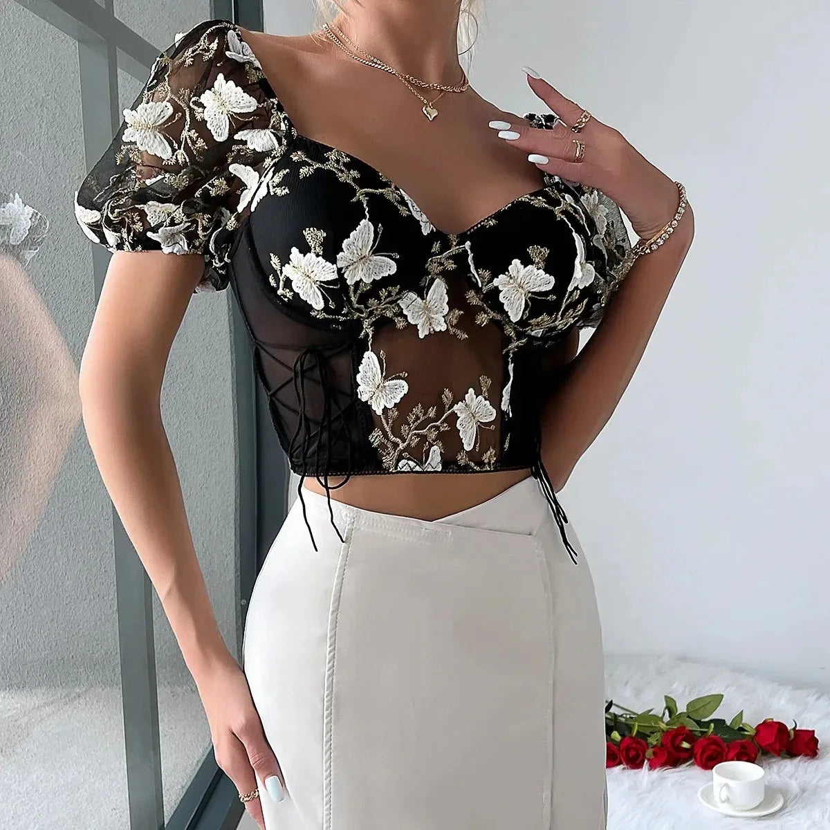 Women Summer Sexy Mesh Flower Embroidery Design Puff Sleeve Fishbone Corset Ins Style Slim-fit Sweet Spice Girl Short Crop Tops
