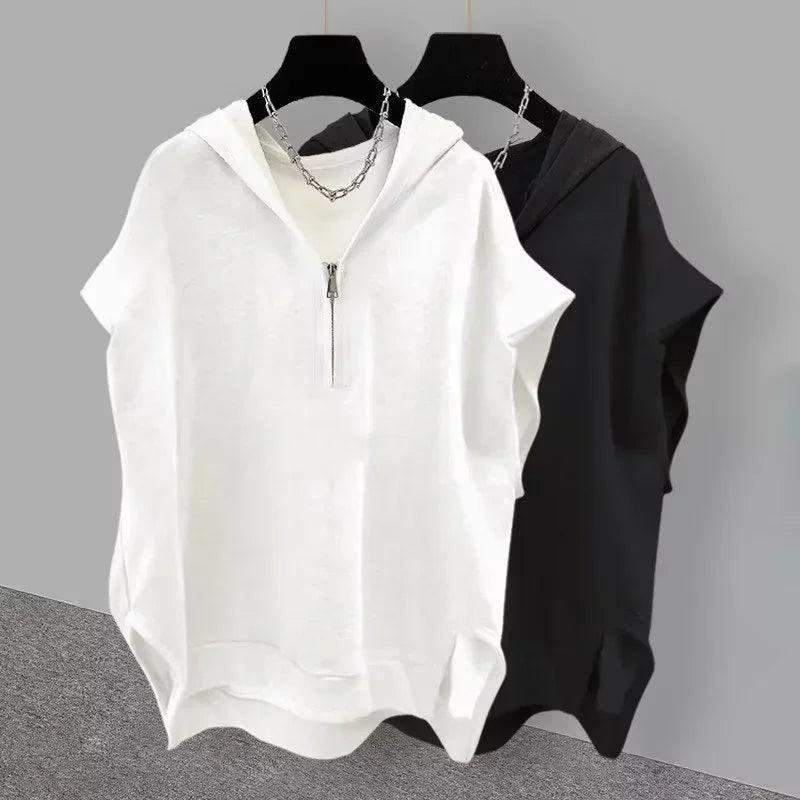Summer Men's Zip up Sleeveless Hooded T-shirt 2024 New Korean Fashion Tank Tops Y2K Streetwear Casual Vests Hip Hop Tee Shirts(Available)