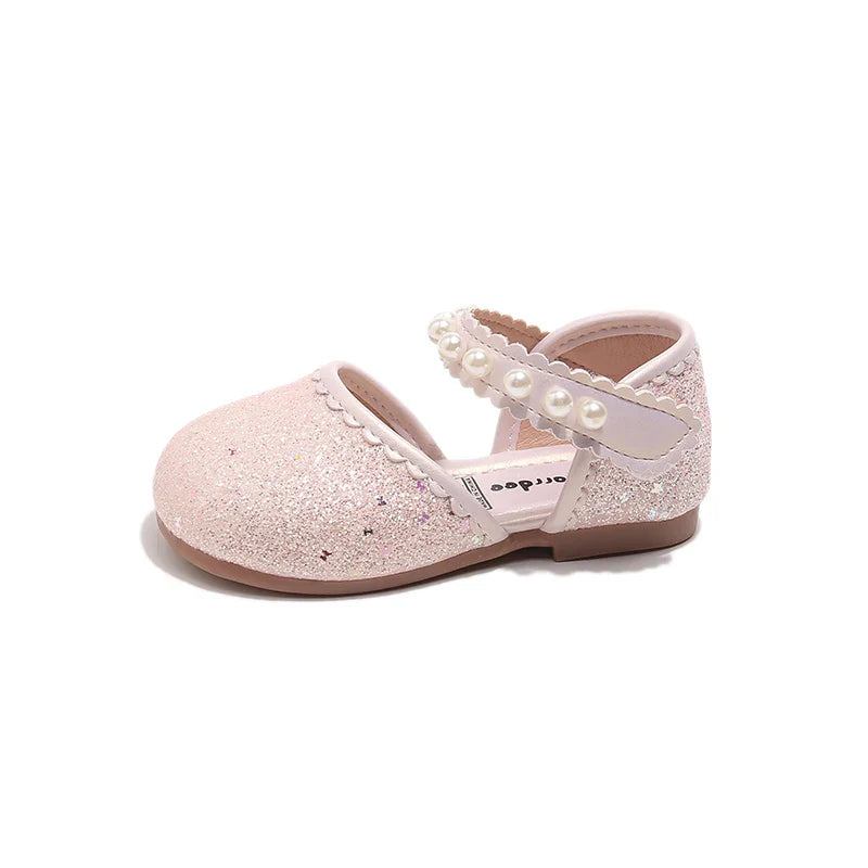 Girl's Princess Shoes Pearl Round Toe Glitter Sweet Kid's Flat Shoe Solid Colors Anti-slip Cute Party Daily Children Shoe