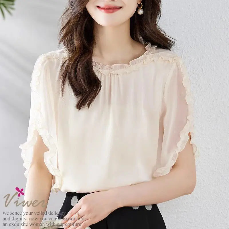 The Season Women's Fashionable Loose Short Sleeve Chiffon Shirt Slimming Cover Belly Versatile Top TT1479