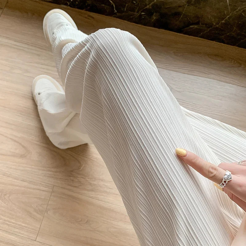 Korea Dongdaemun Ice Silk Wide-leg Pants Women's Thin Slimming Floor Pants White Striped Pants Y2K Fashion Pants Baggy (Available)
