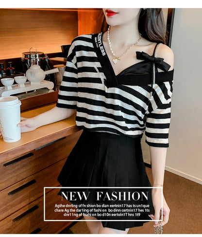 Unique Design oulder Bared ort Sve V-Ne Loose T-irt for Women  Knot Print Splice Asymmetrical Korean Sle