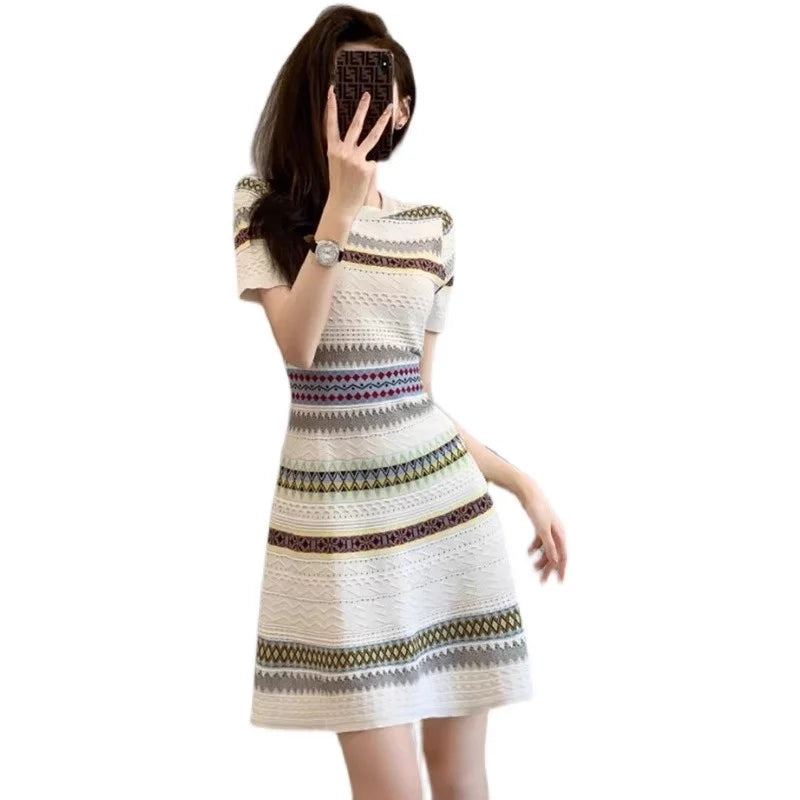 Women's Summer Knitted Dress 2025 Fashion Elegant Short Sleeve Striped Jacquard Dress W445