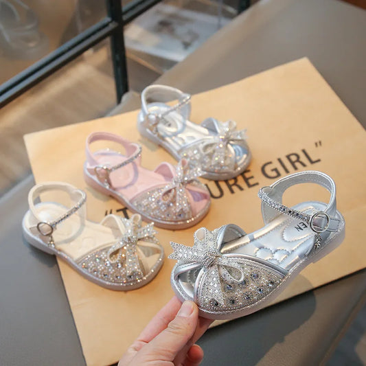 New Bow Princess Shoes Fashion Sequin Girls Shoes Allmatch Kid Shoes
