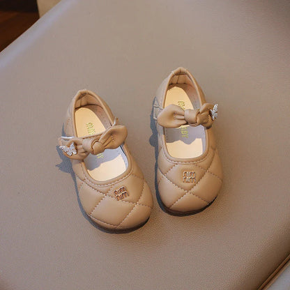 Girls Leather Shoes 1-6 Years Old Beige Rhinestone Bow Performance Princess Shoes Khaki Soft Bottom with Children's Single Shoes