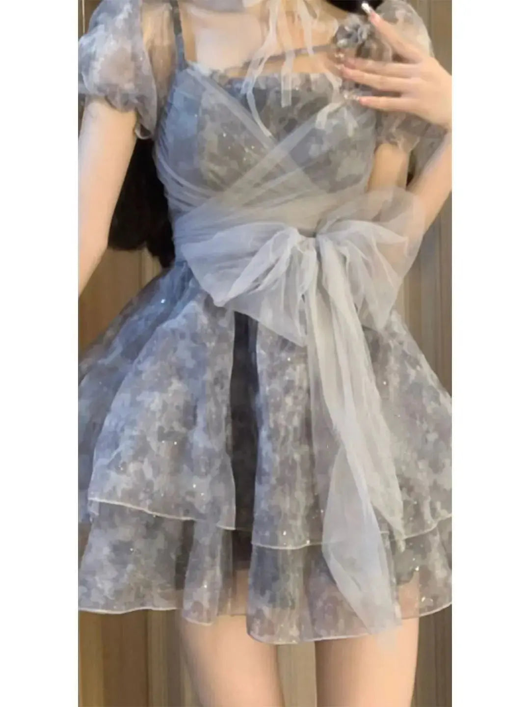 Princ Sle Sweet Fairy T Summer Dr Women's Me Skirt Tea Break  Knot Puffy Skirt ort Sve Square Collar